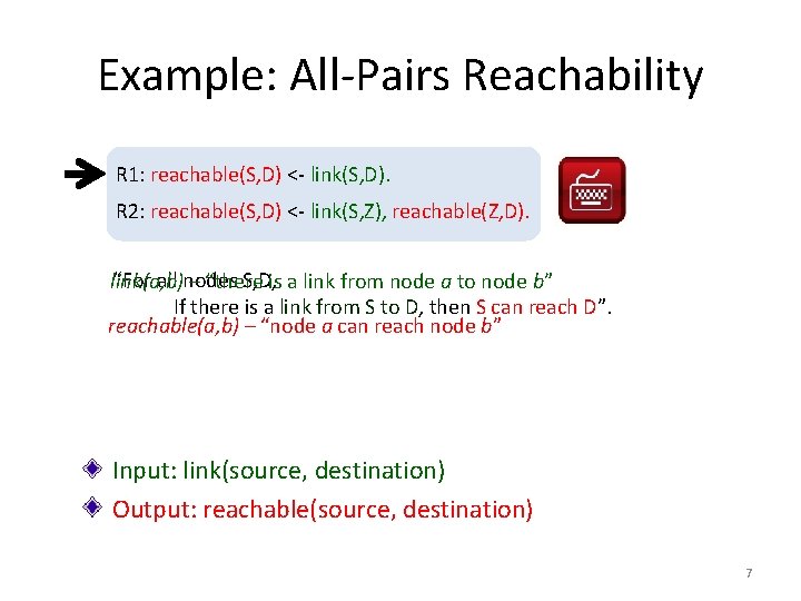 Example: All-Pairs Reachability R 1: reachable(S, D) <- link(S, D). R 2: reachable(S, D)