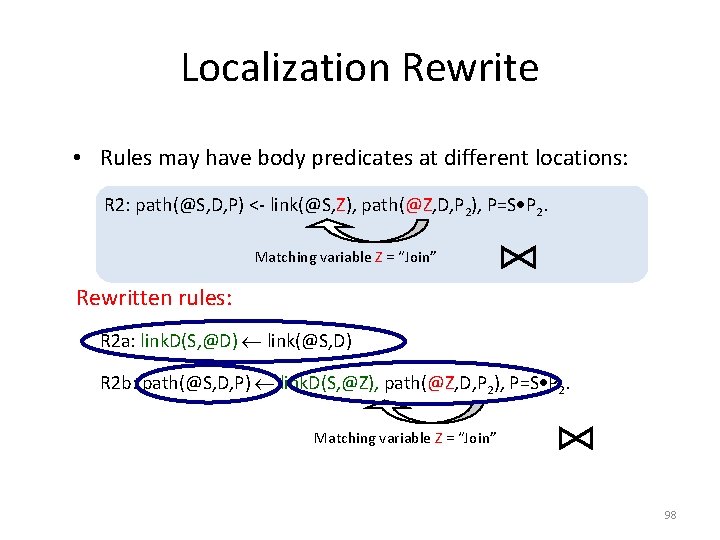 Localization Rewrite • Rules may have body predicates at different locations: R 2: path(@S,