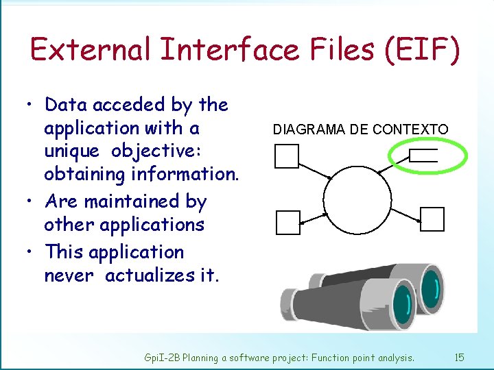 External Interface Files (EIF) • Data acceded by the application with a unique objective: