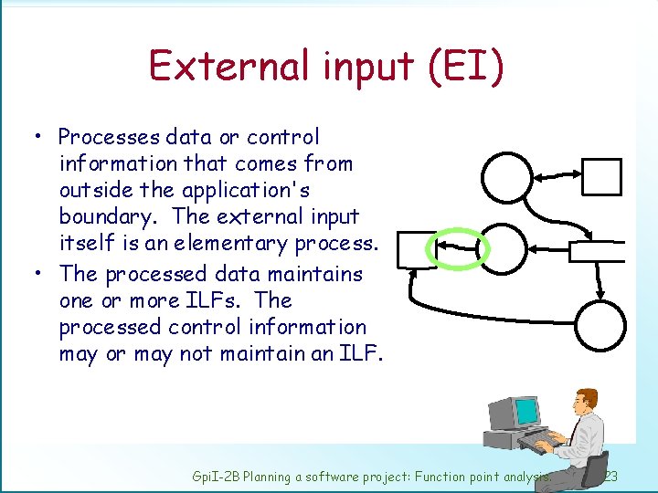 External input (EI) • Processes data or control information that comes from outside the