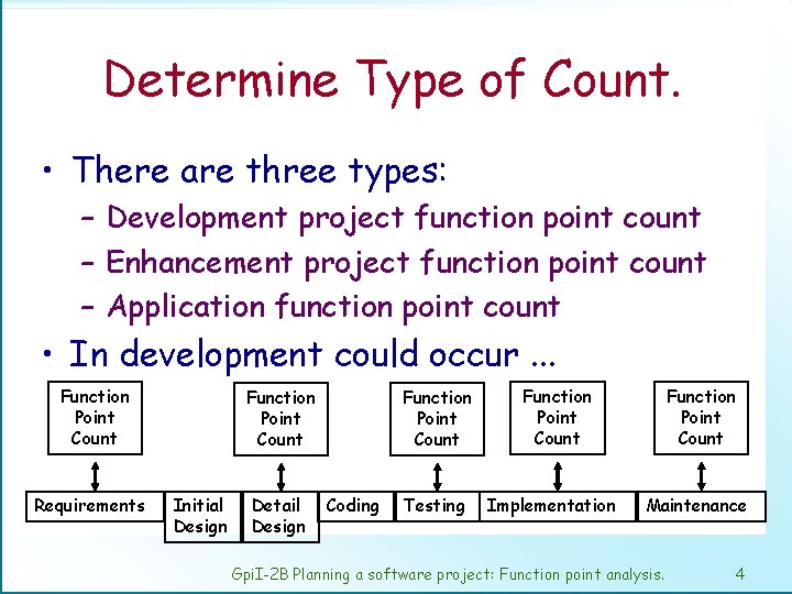Determine Type of Count. • There are three types: – Development project function point