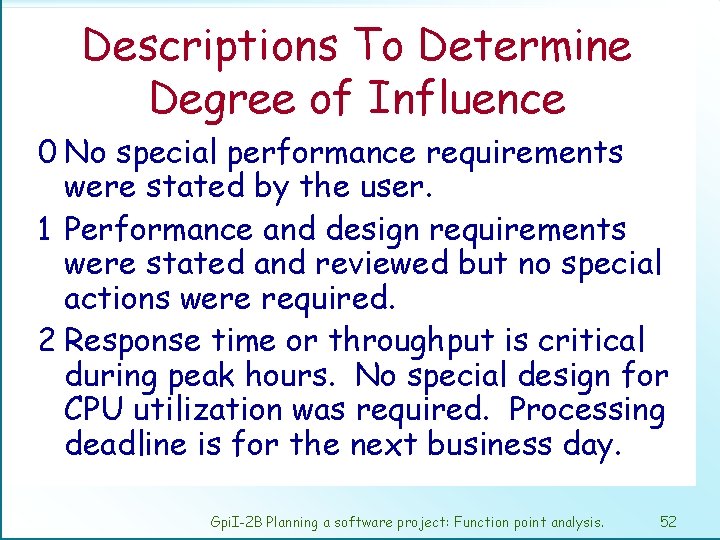 Descriptions To Determine Degree of Influence 0 No special performance requirements were stated by