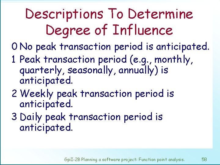 Descriptions To Determine Degree of Influence 0 No peak transaction period is anticipated. 1