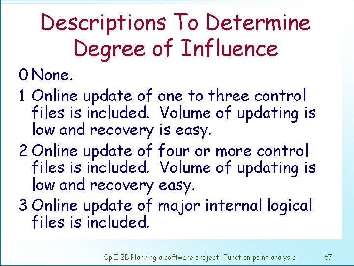 Descriptions To Determine Degree of Influence 0 None. 1 Online update of one to