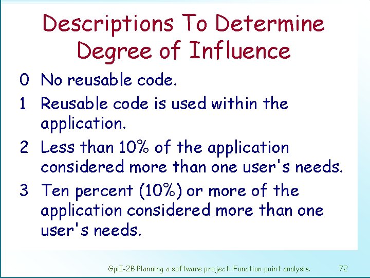 Descriptions To Determine Degree of Influence 0 No reusable code. 1 Reusable code is