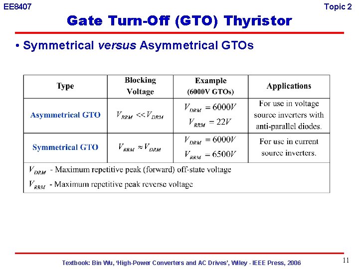 EE 8407 Gate Turn-Off (GTO) Thyristor Topic 2 • Symmetrical versus Asymmetrical GTOs Textbook: