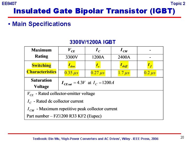 EE 8407 Topic 2 Insulated Gate Bipolar Transistor (IGBT) • Main Specifications 3300 V/1200