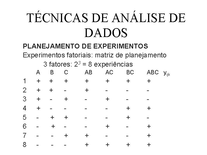 TÉCNICAS DE ANÁLISE DE DADOS PLANEJAMENTO DE EXPERIMENTOS Experimentos fatoriais: matriz de planejamento 3