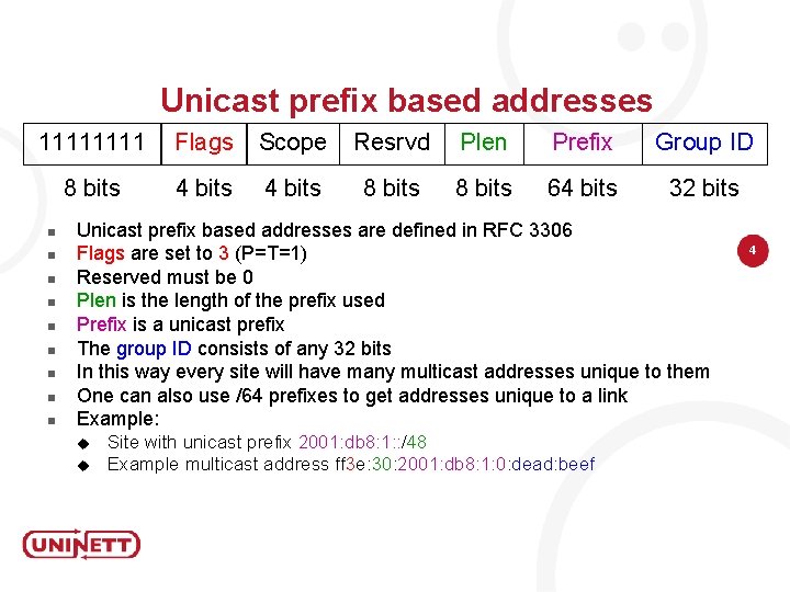 Unicast prefix based addresses 1111 Flags Scope Resrvd Plen Prefix Group ID 8 bits