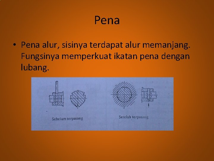 Pena • Pena alur, sisinya terdapat alur memanjang. Fungsinya memperkuat ikatan pena dengan lubang.