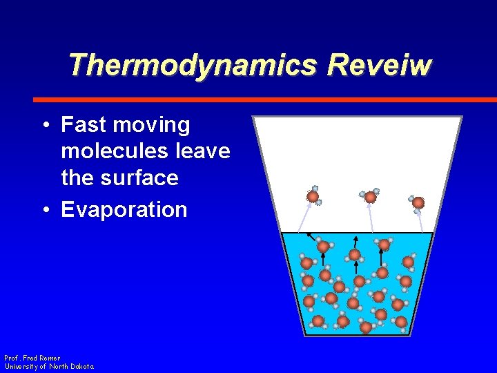 Thermodynamics Reveiw • Fast moving molecules leave the surface • Evaporation Prof. Fred Remer