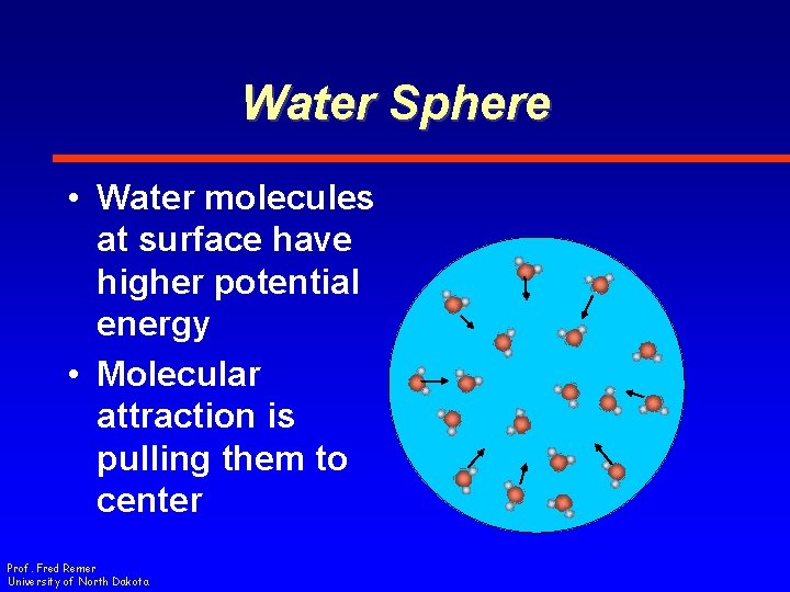 Water Sphere • Water molecules at surface have higher potential energy • Molecular attraction