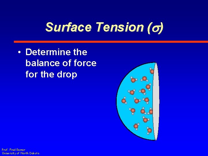 Surface Tension (s) • Determine the balance of force for the drop Prof. Fred