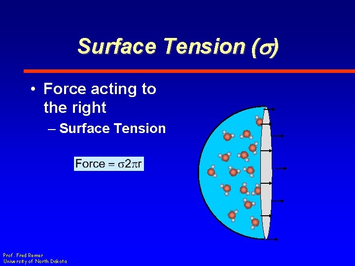 Surface Tension (s) • Force acting to the right – Surface Tension Prof. Fred