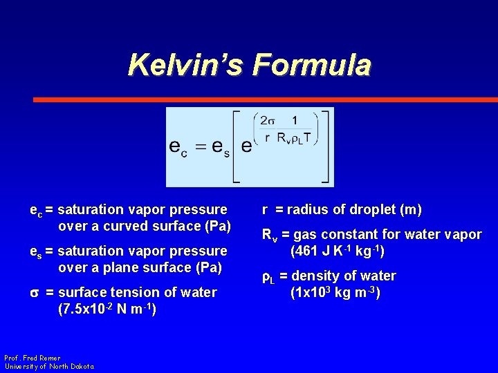 Kelvin’s Formula ec = saturation vapor pressure over a curved surface (Pa) es =