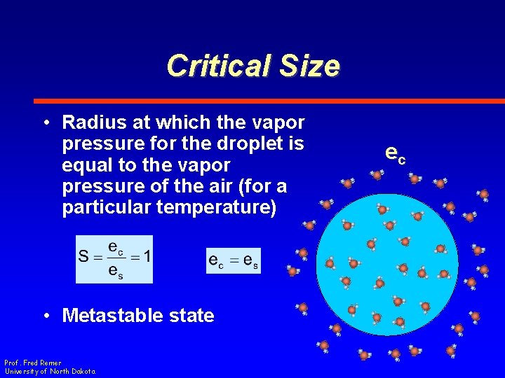 Critical Size • Radius at which the vapor pressure for the droplet is equal