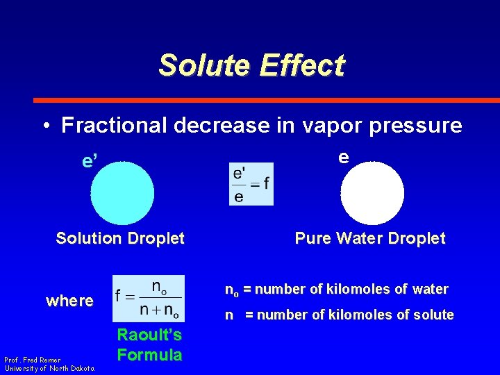 Solute Effect • Fractional decrease in vapor pressure e e’ Solution Droplet no =