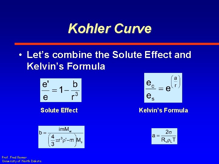 Kohler Curve • Let’s combine the Solute Effect and Kelvin’s Formula Solute Effect Prof.