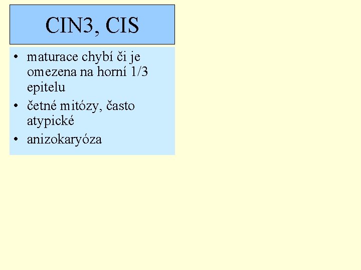 CIN 3, CIS • maturace chybí či je omezena na horní 1/3 epitelu •