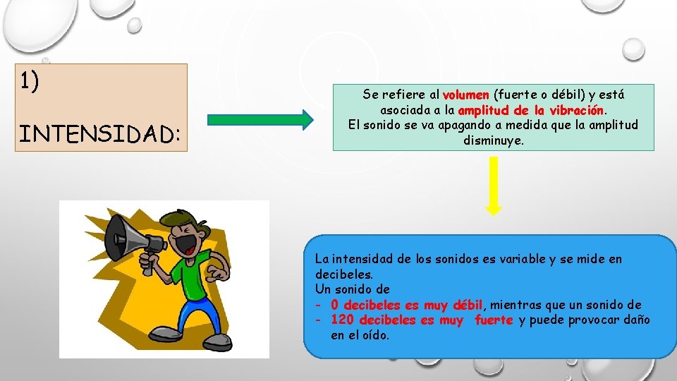 1) INTENSIDAD: Se refiere al volumen (fuerte o débil) y está asociada a la