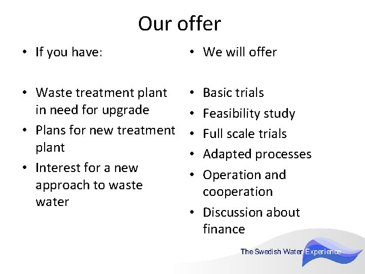 Our offer • If you have: • We will offer • Waste treatment plant