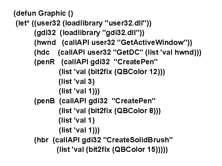 (defun Graphic () (let* ((user 32 (loadlibrary "user 32. dll")) (gdi 32 (loadlibrary "gdi