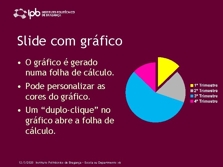 Slide com gráfico • O gráfico é gerado numa folha de cálculo. • Pode