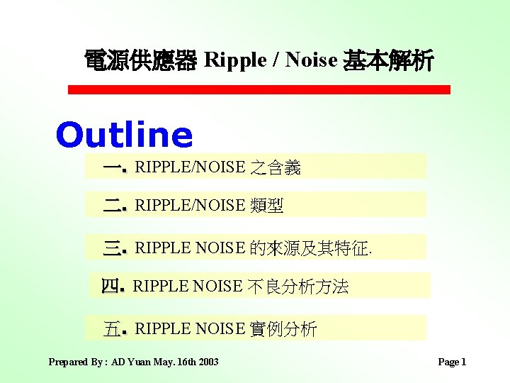 電源供應器 Ripple / Noise 基本解析 Outline 一. RIPPLE/NOISE 之含義 二. RIPPLE/NOISE 類型 三. RIPPLE