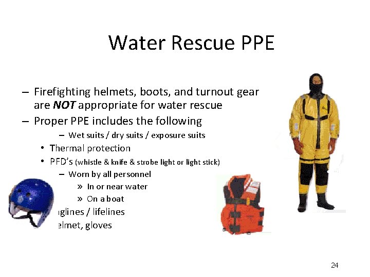 Water Rescue PPE – Firefighting helmets, boots, and turnout gear are NOT appropriate for