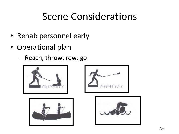 Scene Considerations • Rehab personnel early • Operational plan – Reach, throw, go 34
