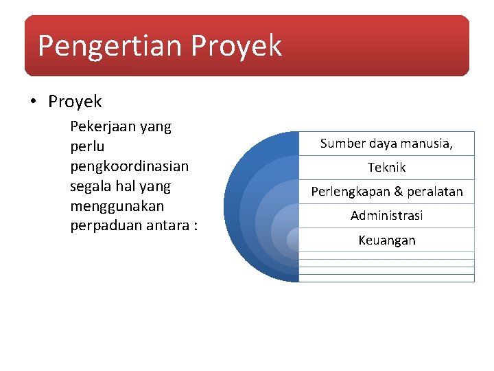 Pengertian Proyek • Proyek Pekerjaan yang perlu pengkoordinasian segala hal yang menggunakan perpaduan antara