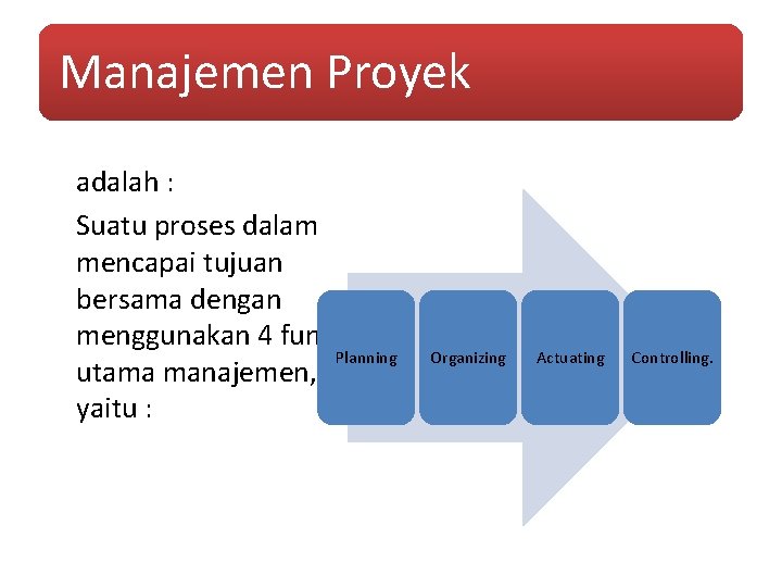 Manajemen Proyek adalah : Suatu proses dalam mencapai tujuan bersama dengan menggunakan 4 fungsi