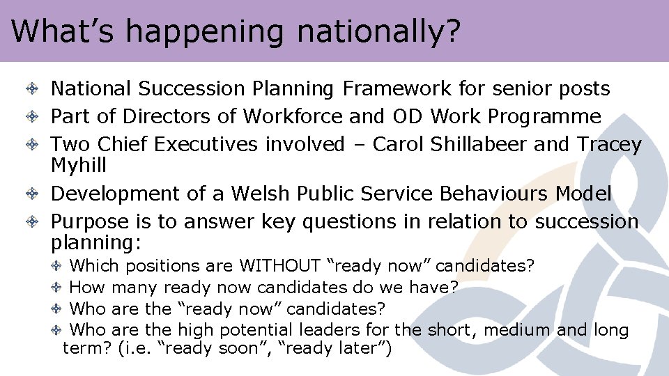 What’s happening nationally? National Succession Planning Framework for senior posts Part of Directors of What’s happening nationally? National Succession Planning Framework for senior posts Part of Directors of
