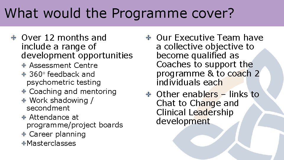 What would the Programme cover? Over 12 months and include a range of development What would the Programme cover? Over 12 months and include a range of development