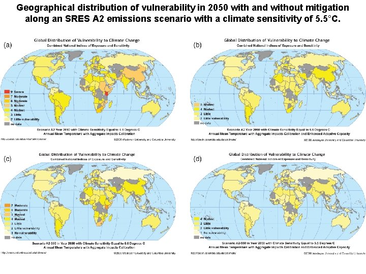 Geographical distribution of vulnerability in 2050 with and without mitigation along an SRES A