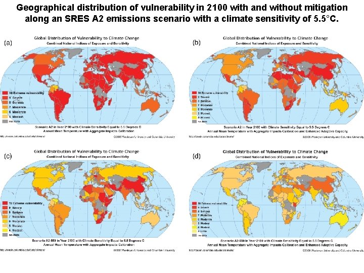 Geographical distribution of vulnerability in 2100 with and without mitigation along an SRES A