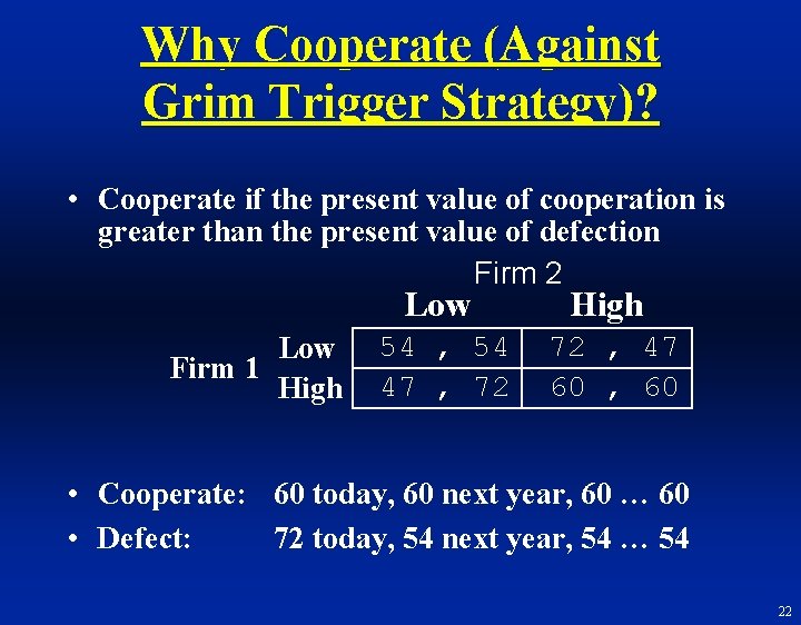 Why Cooperate (Against Grim Trigger Strategy)? • Cooperate if the present value of cooperation