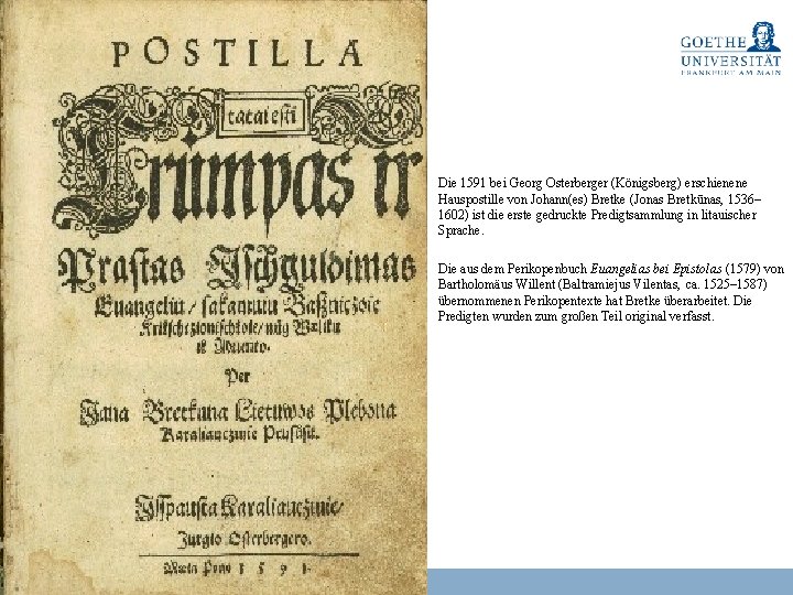 Die 1591 bei Georg Osterberger (Königsberg) erschienene Hauspostille von Johann(es) Bretke (Jonas Bretkūnas, 1536–