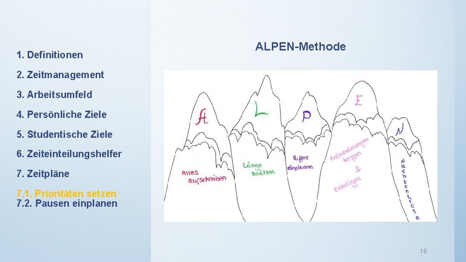 1. Definitionen ALPEN-Methode 2. Zeitmanagement 3. Arbeitsumfeld 4. Persönliche Ziele 5. Studentische Ziele 6.