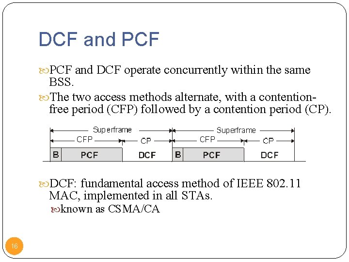 DCF and PCF and DCF operate concurrently within the same BSS. The two access