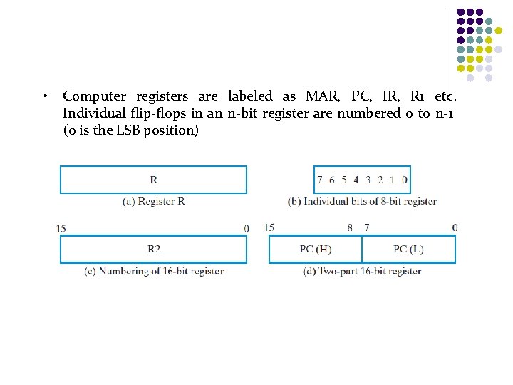  • Computer registers are labeled as MAR, PC, IR, R 1 etc. Individual