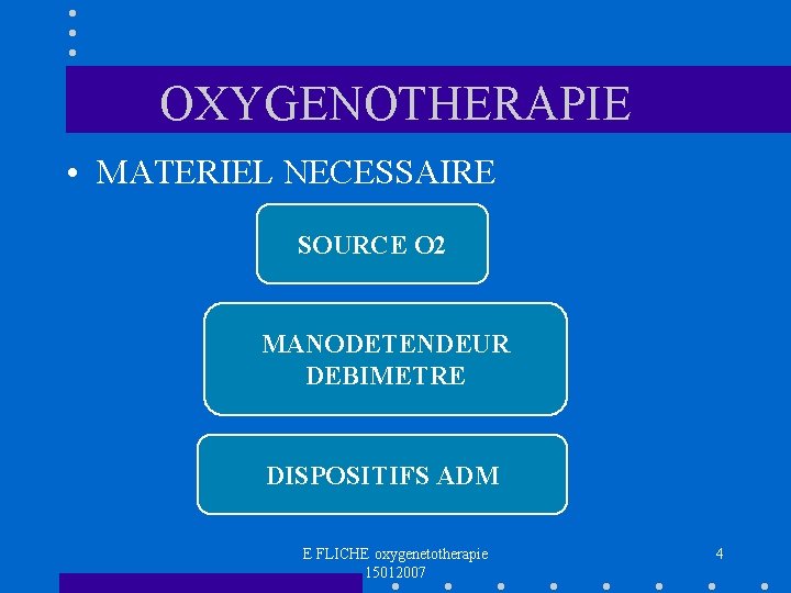 OXYGENOTHERAPIE • MATERIEL NECESSAIRE SOURCE O 2 MANODETENDEUR DEBIMETRE DISPOSITIFS ADM E FLICHE oxygenetotherapie