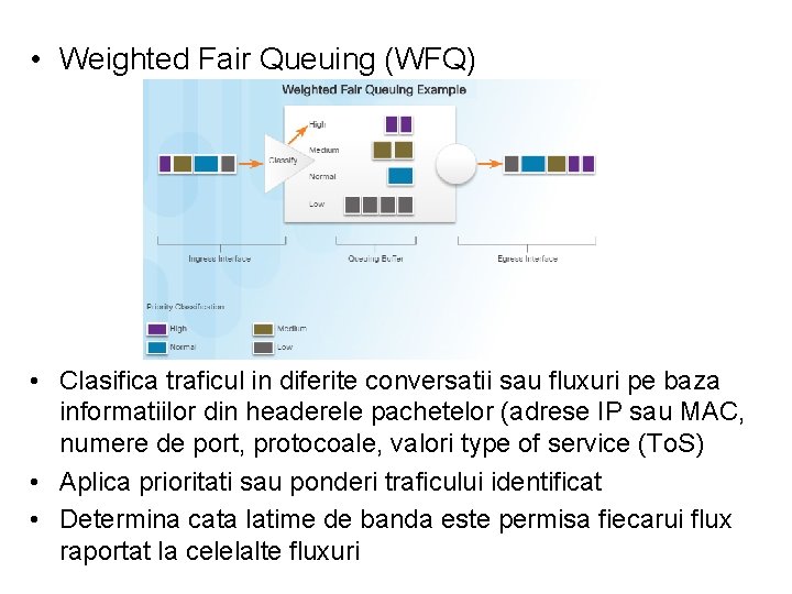  • Weighted Fair Queuing (WFQ) • Clasifica traficul in diferite conversatii sau fluxuri