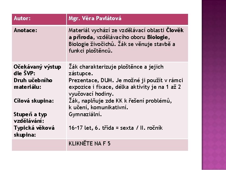 Autor: Mgr. Věra Pavlátová Anotace: Materiál vychází ze vzdělávací oblasti Člověk a příroda, vzdělávacího