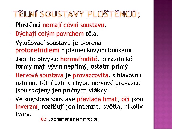  Ploštěnci nemají cévní soustavu. Dýchají celým povrchem těla. Vylučovací soustava je tvořena protonefridiemi