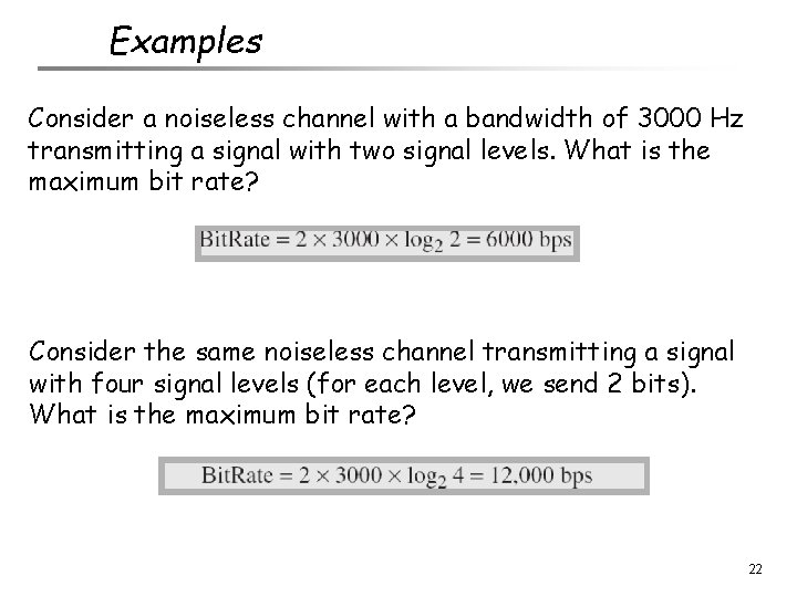 Examples Consider a noiseless channel with a bandwidth of 3000 Hz transmitting a signal