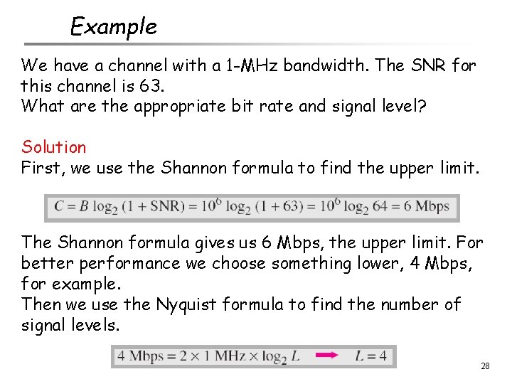 Example We have a channel with a 1 -MHz bandwidth. The SNR for this