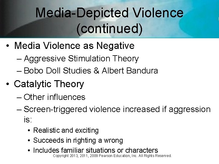 Media-Depicted Violence (continued) • Media Violence as Negative – Aggressive Stimulation Theory – Bobo Media-Depicted Violence (continued) • Media Violence as Negative – Aggressive Stimulation Theory – Bobo