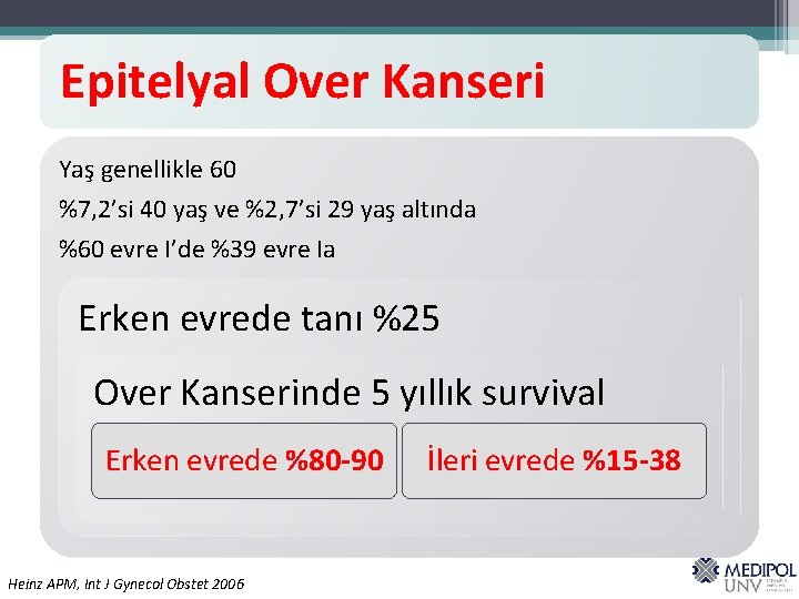 Epitelyal Over Kanseri Yaş genellikle 60 %7, 2’si 40 yaş ve %2, 7’si 29