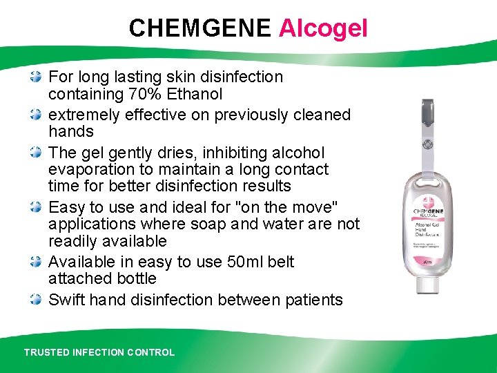 CHEMGENE Alcogel For long lasting skin disinfection containing 70% Ethanol extremely effective on previously